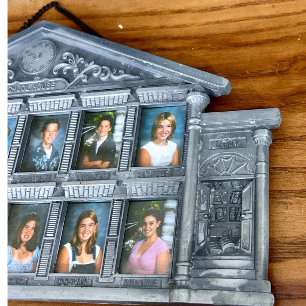 School House Vintage Picture Frame Silver Pewter Tone School Years Good